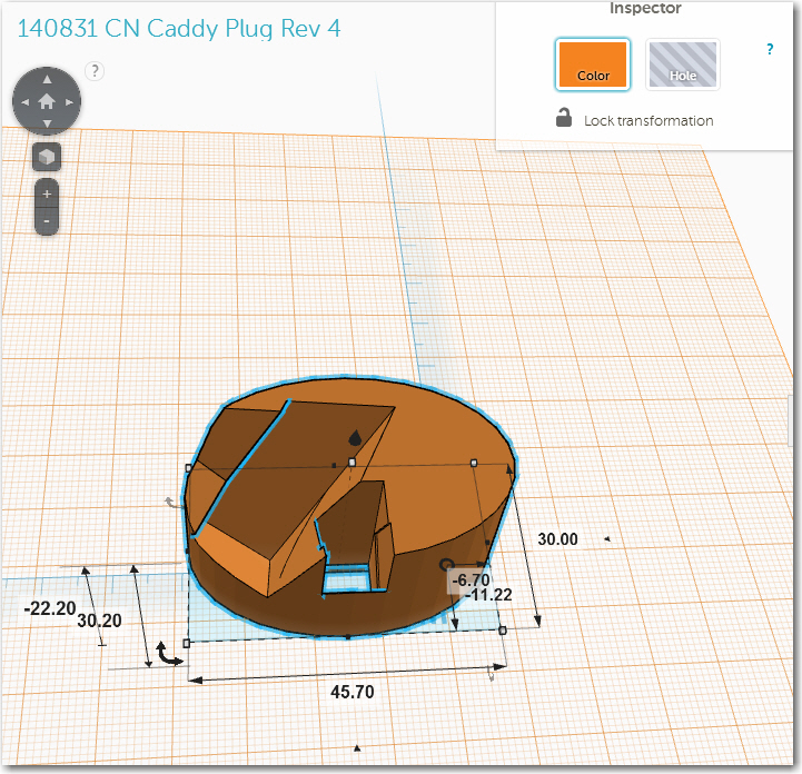 TinkerCad drawing for the CN caddy plug with large indent