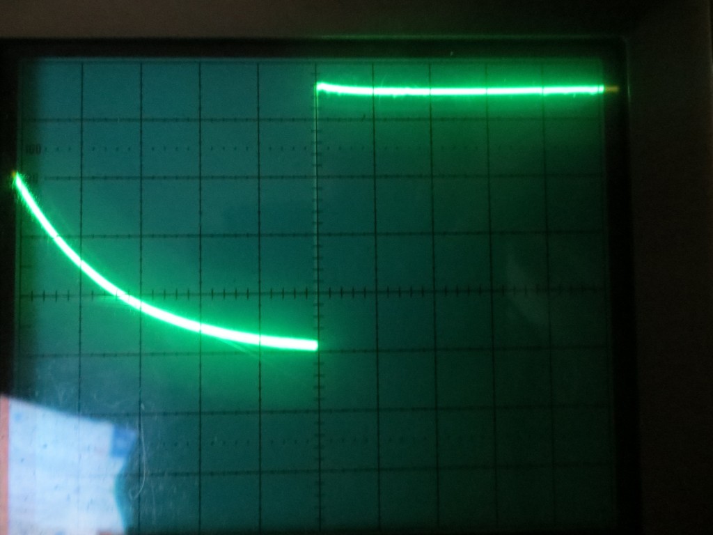 After addition of a 1msec delay to the LOW period.  0.2 msec/div closeup of the LOW period between the 'bottom' and 'top' of the Loop() section.  Note the curved section at the bottom is due to the LED turning OFF.