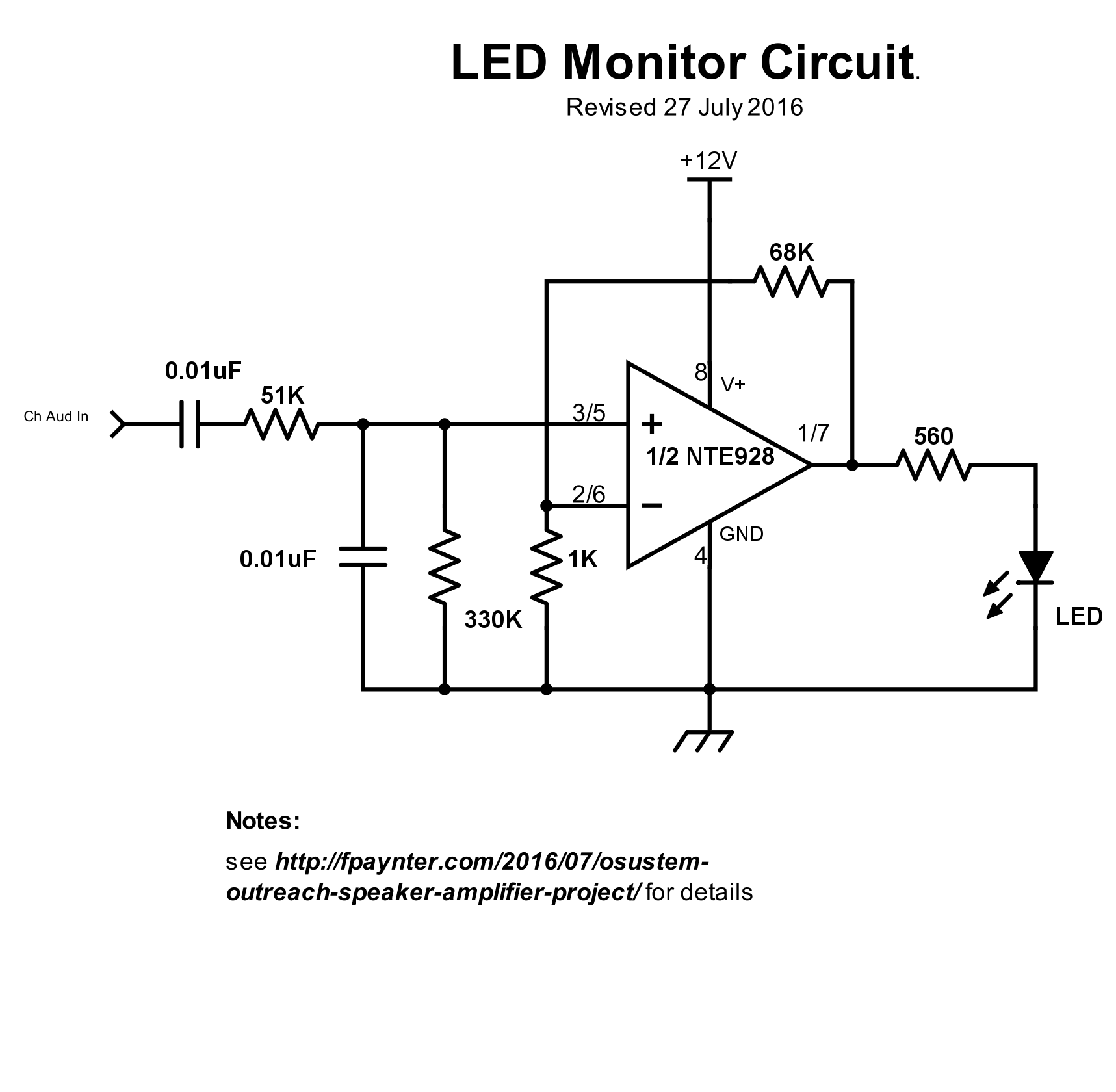 Revised LED monitor schematic - one of two channels shown.