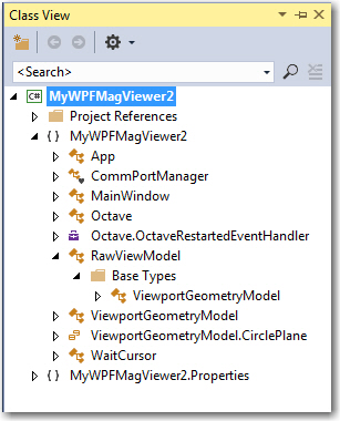 Magnetometer calibration tool class diagram. Note that the RawViewModel is a derived class from VieportGeometryModel