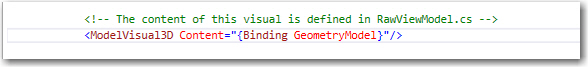 Line in MainWindow.xaml that binds the HelixViewport3D to the 'GeometryModel' Model 3D property of the ViewportGeometryModel class