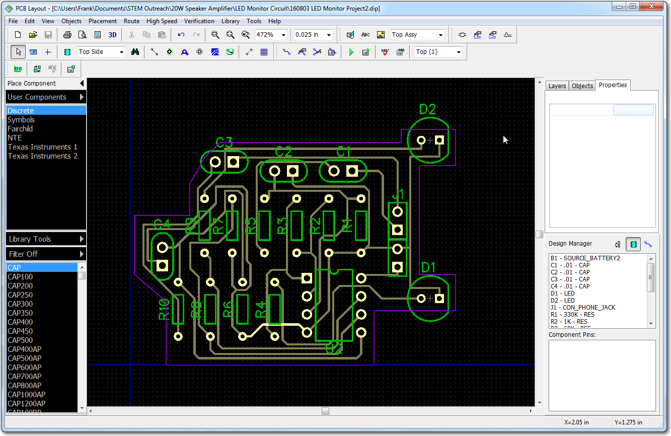 Finished PCB layout. Note the purple board border is customized to fit on top of the Adafruit amp board