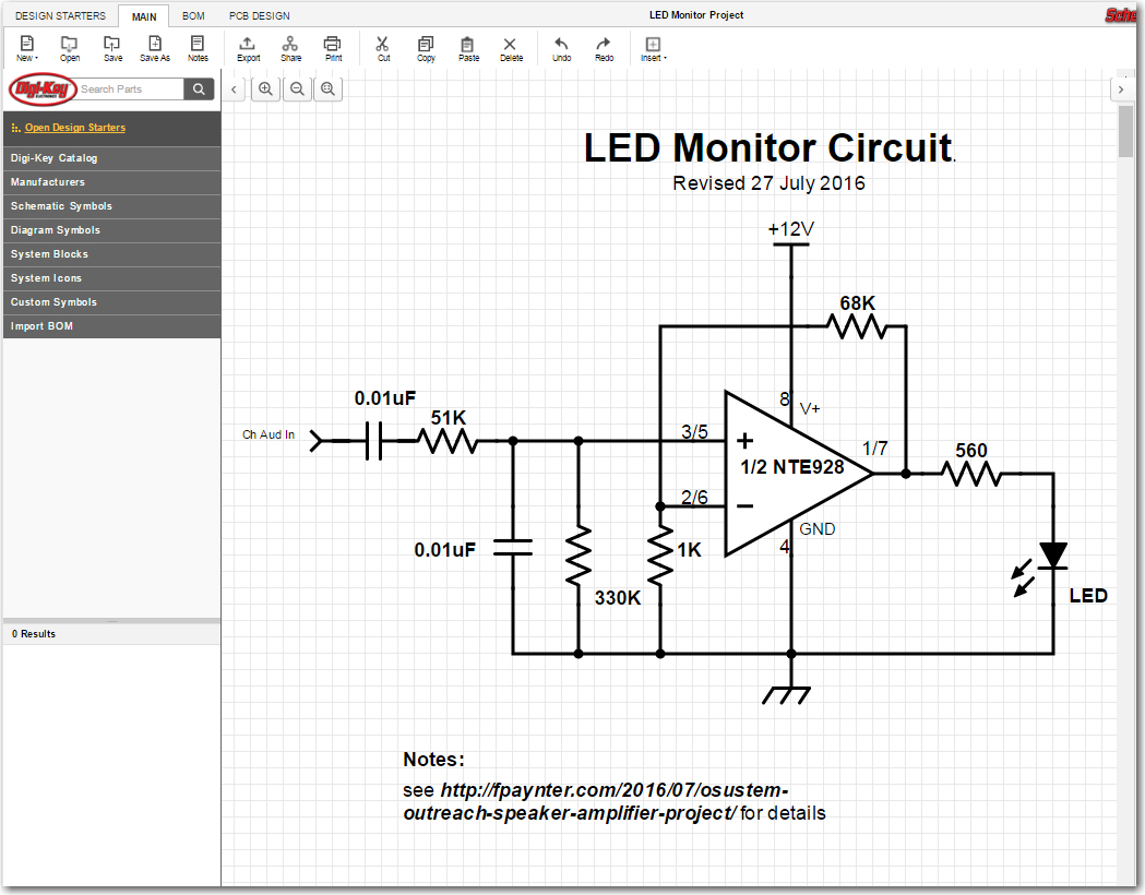 LED Monitor circuit schematic as captured in Digikey's 'Scheme-It' app