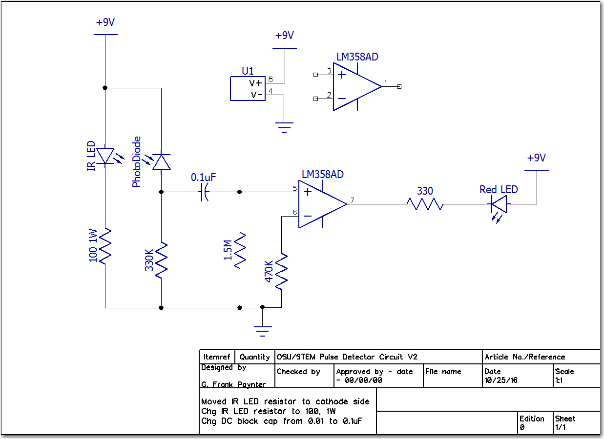Final pulse detector schematic.  Note change to IR LED current limit resistor, and DC blocking capacitor